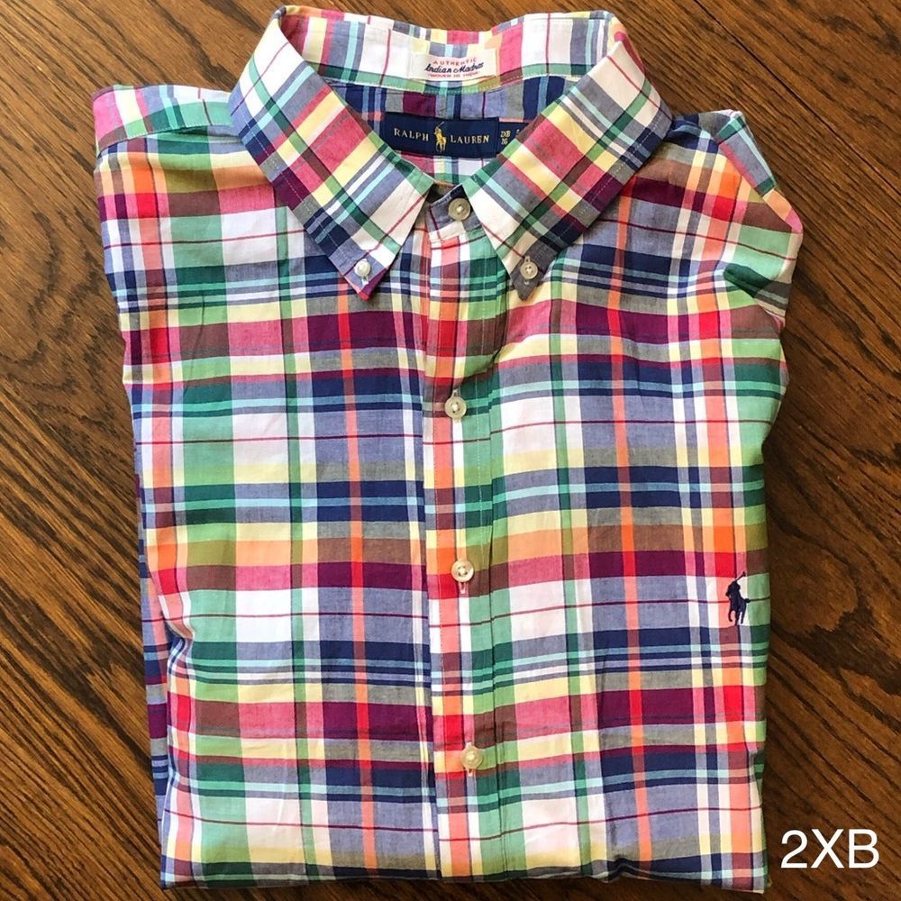 RALPH LAUREN Men’s Short Sleeve Plaid Button Down Shirt w/ Collar Buttons Sz 2XB